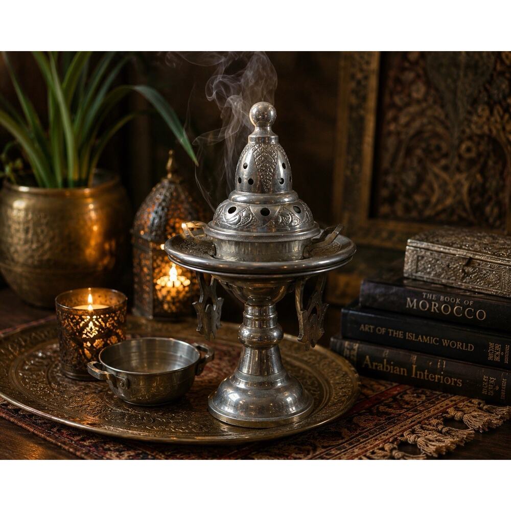 Vintage Moroccan Style Metal Incense Burner Stand 11” Pierced Lid - Picture 1 of 11